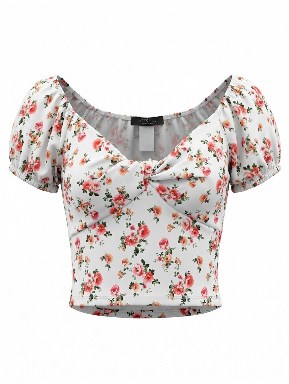 Joe & Elle White Floral Twist-Front Puff Sleeve Crop Top